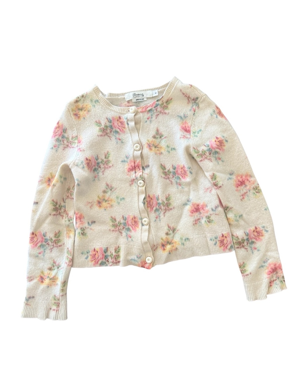Bonpoint Cream Floral Button Cardigan with Pink and Yellow Blooms 100 % cashmere